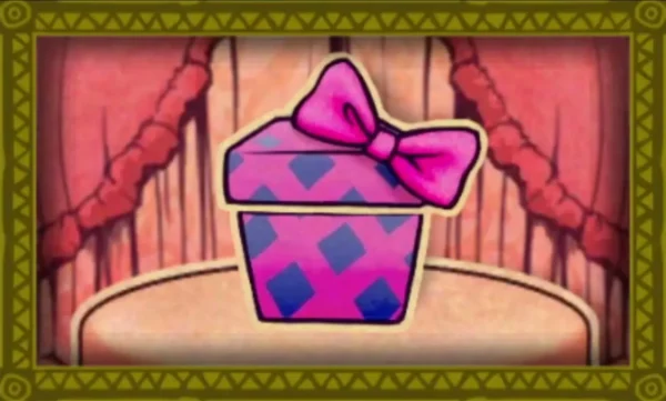 A pink gift box with a bow on a stage in the storybook opening, the parcel the princess receives A pink gift box with a bow on a stage in the storybook opening, the parcel the princess receives