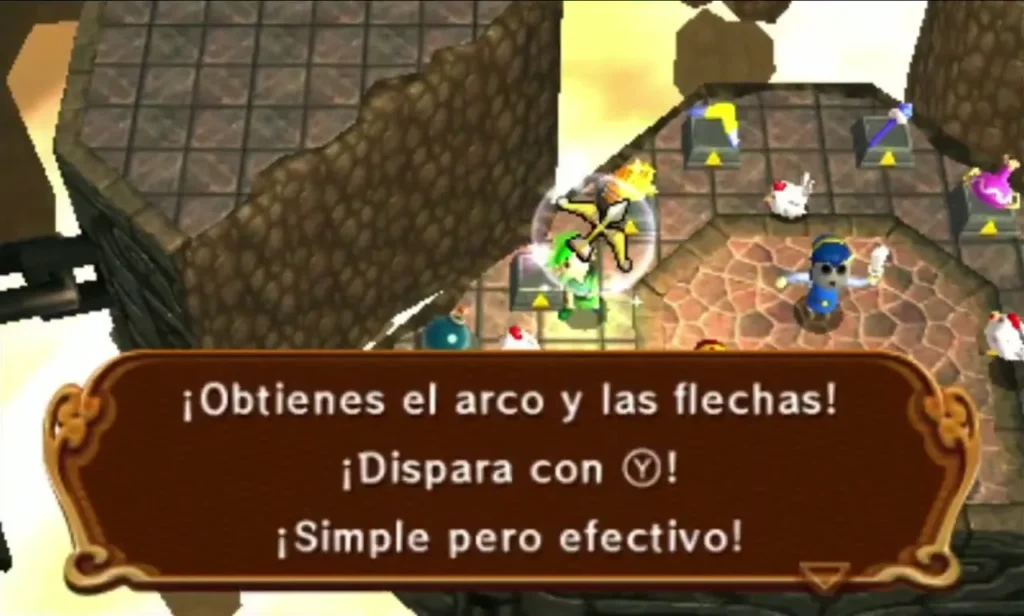 Link holds up the Bow and arrows in a pickup box that says to fire them with a button Link holds up the Bow and arrows in a pickup box that says to fire them with a button