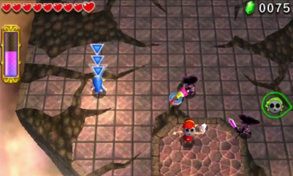 Dark shadow enemies with pink marks circle Link on a cracked stone floor deep in the Den Dark shadow enemies with pink marks circle Link on a cracked stone floor deep in the Den