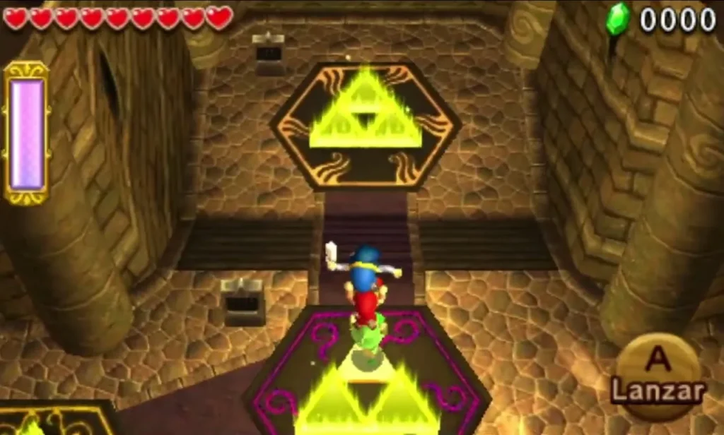 Link in the Den hub between two glowing Triforce Gateways in the Shadow Caves Link in the Den hub between two glowing Triforce Gateways in the Shadow Caves