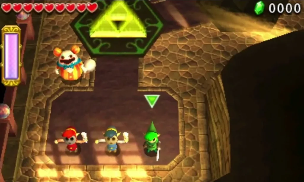 Link and two companions enter the Den's first room with one fairy and a glowing Triforce Gateway above Link and two companions enter the Den's first room with one fairy and a glowing Triforce Gateway above