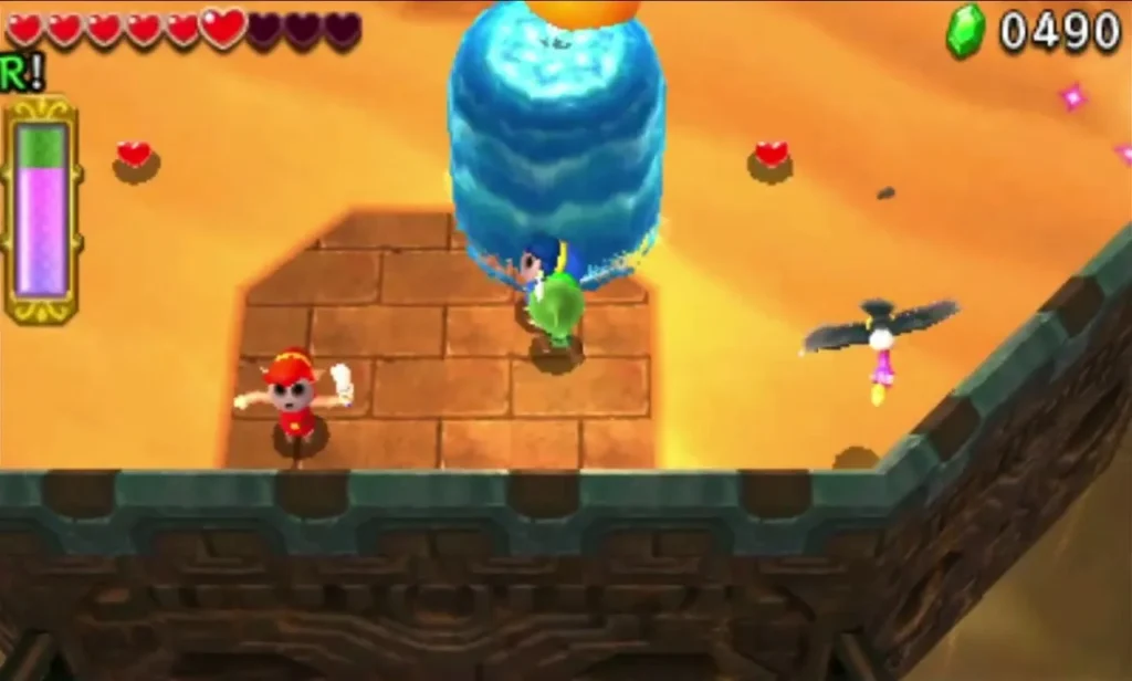 Link on a sand ledge beside a blue whirlwind and a flying enemy in the Desert Zone Link on a sand ledge beside a blue whirlwind and a flying enemy in the Desert Zone