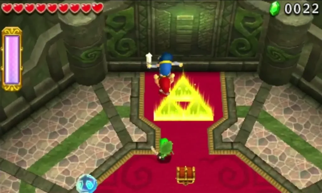 Red-carpet Forest Zone safe room with a glowing Triforce save point and a treasure chest Red-carpet Forest Zone safe room with a glowing Triforce save point and a treasure chest