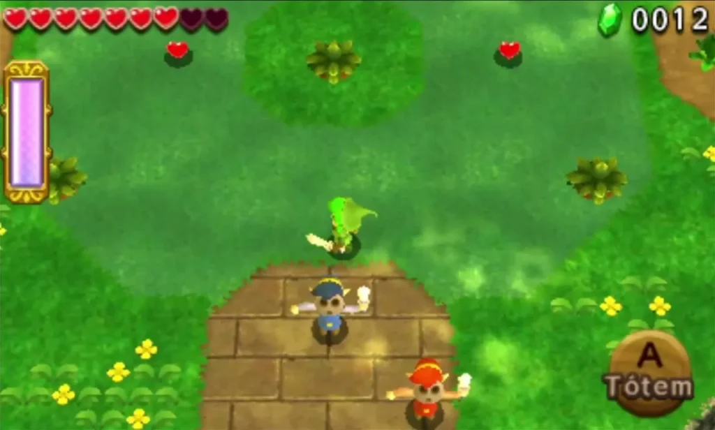 Link on a stone platform beside a Totem prompt and a group of Deku enemies in the Forest Zone Link on a stone platform beside a Totem prompt and a group of Deku enemies in the Forest Zone