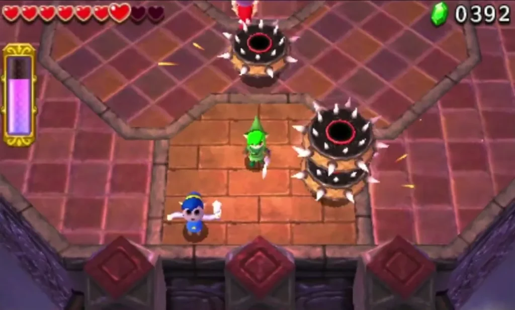 Link on a brick courtyard facing two large spiked enemies in the Fortified Zone Link on a brick courtyard facing two large spiked enemies in the Fortified Zone