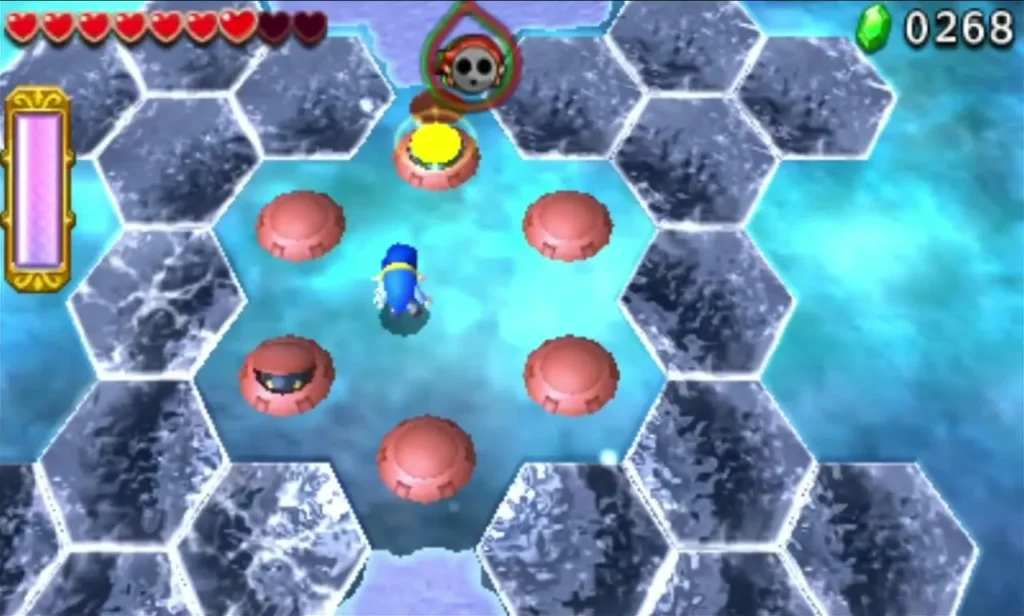 Link on a hexagonal ice floor over dark water, with round red pads and a hooded enemy Link on a hexagonal ice floor over dark water, with round red pads and a hooded enemy