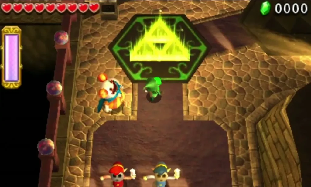 Link and companions in a stone hall beside a glowing hexagonal Triforce Gateway and its guide Link and companions in a stone hall beside a glowing hexagonal Triforce Gateway and its guide