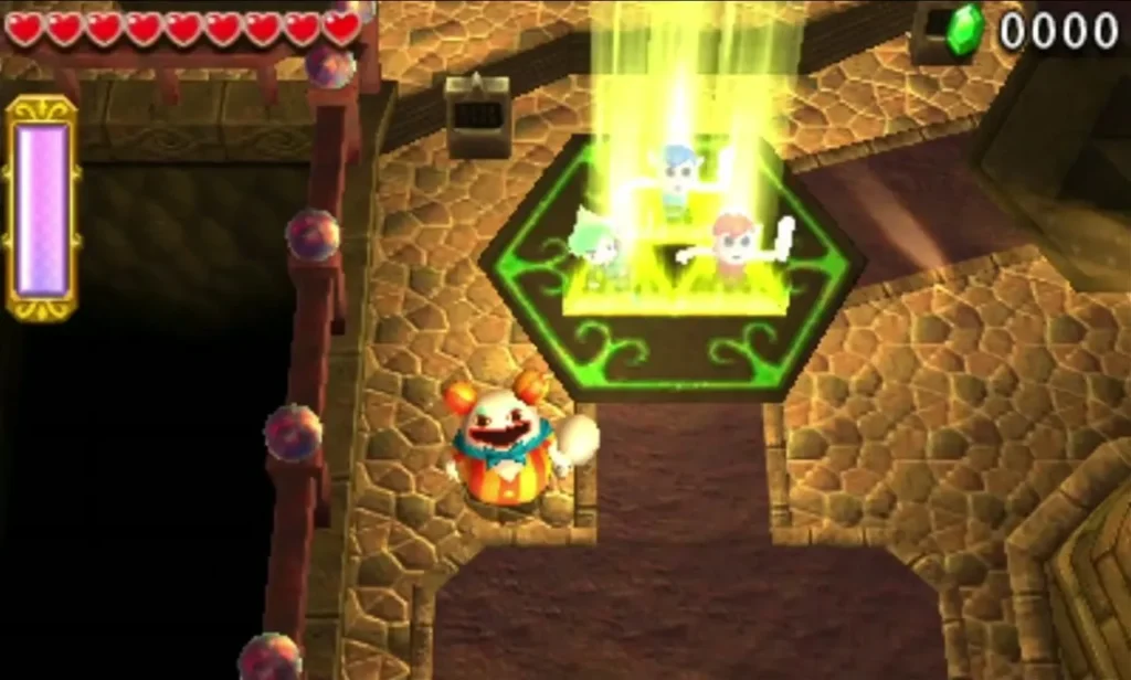 Link's party rises in a column of light from a glowing hexagonal Triforce Gateway Link's party rises in a column of light from a glowing hexagonal Triforce Gateway