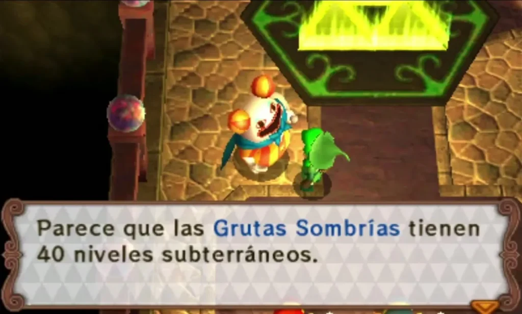 Guide in the Den hall beside a glowing Triforce Gateway, with a message box about 40 underground levels Guide in the Den hall beside a glowing Triforce Gateway, with a message box about 40 underground levels