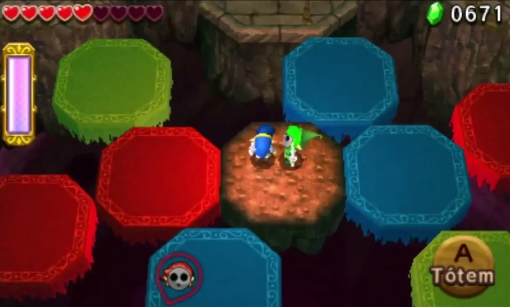 Link on a coloured block platform with a Totem prompt in the Ruins floors Link on a coloured block platform with a Totem prompt in the Ruins floors
