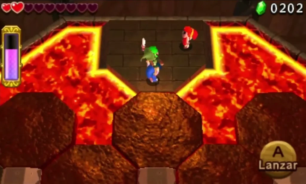 Link and a companion crossing hexagonal rock platforms above a lava channel Link and a companion crossing hexagonal rock platforms above a lava channel