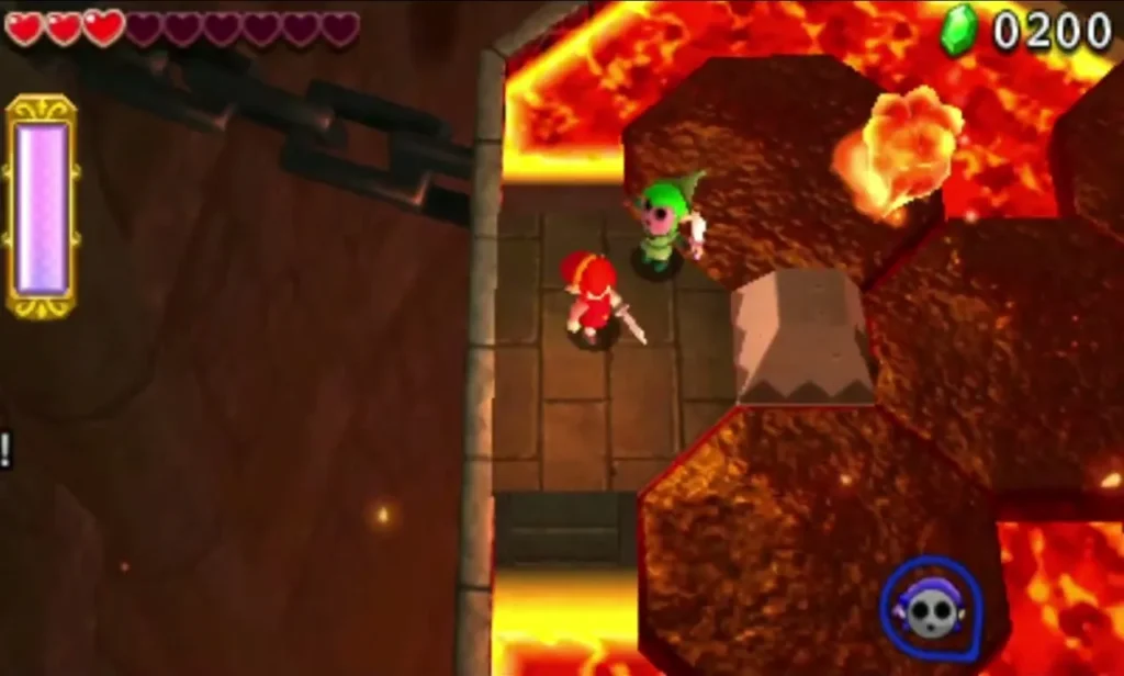 Link on a rocky hexagonal platform over lava in the Scorching Zone, beside a fireball Link on a rocky hexagonal platform over lava in the Scorching Zone, beside a fireball