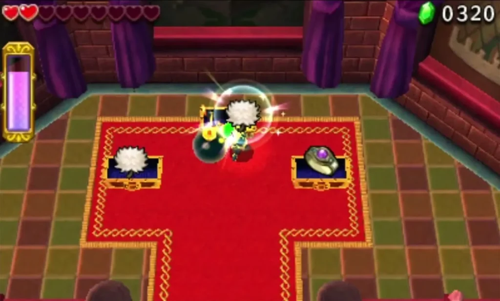 Bomb Storage end room with two chests on a red carpet and Link beside a bomb