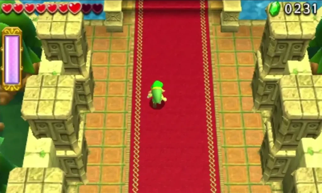 Link walking a red carpet between carved stone pillars in Buzz Blob Cave