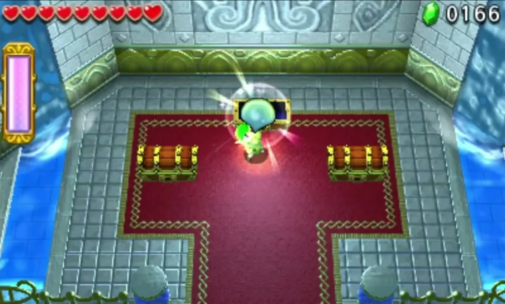 Two gold chests on a red carpet and a glowing item above Link in the Cove of Transition