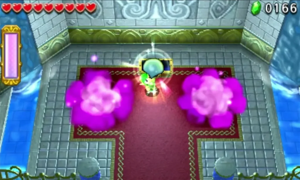 Pink puffs of light beside Link in the Cove of Transition end room with a glowing item above