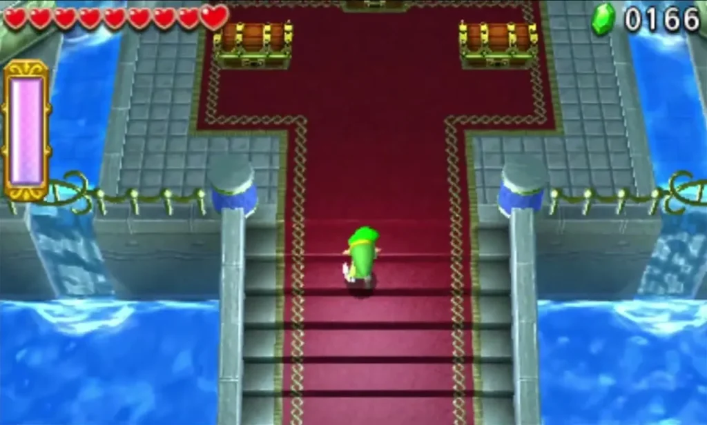 Link walking up a red carpet toward the Cove of Transition end room with chests ahead