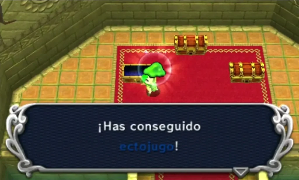 Link in a red-carpeted end room beside a full message box for a material reward