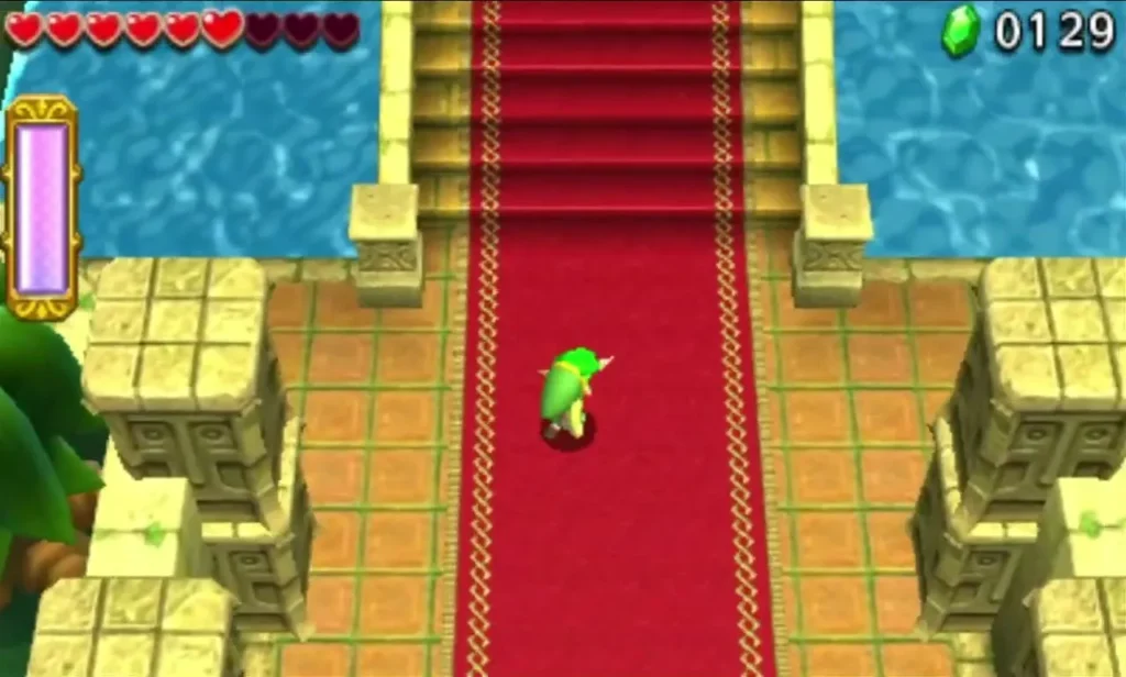 Link walking up a red carpet between stone pillars toward the Deku Forest end room