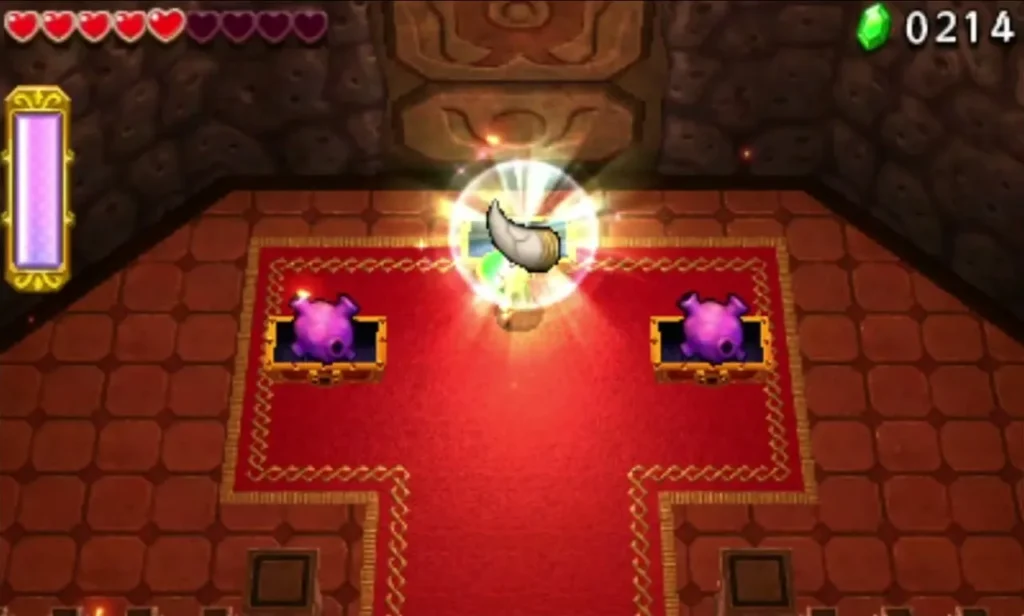 Two purple chests on a red carpet and a glowing horn-shaped item above Link in the Den of Flames