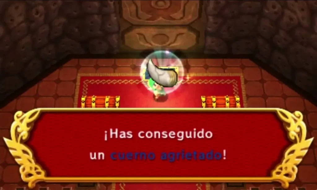 Glowing item above Link in the Den of Flames end room with a full Rugged Horn message box