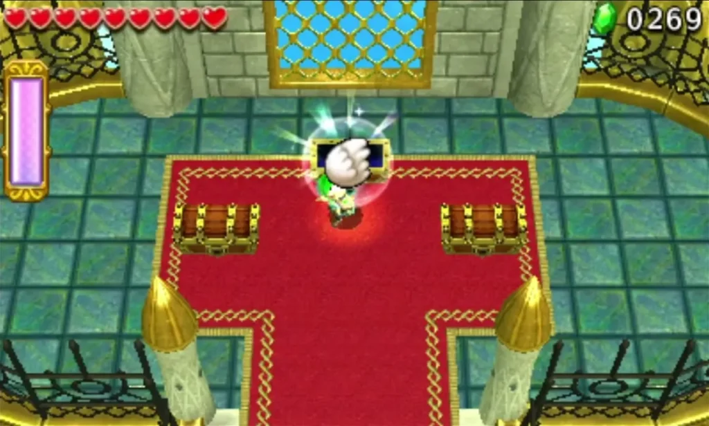 Link stands between two chests in the teal-tiled Floating Garden end room with an item overhead