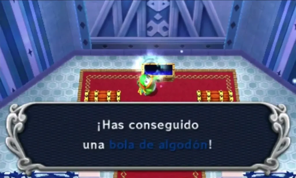 Link in the Frozen Plateau chest room with the message box for a Fluffy Fuzz reward