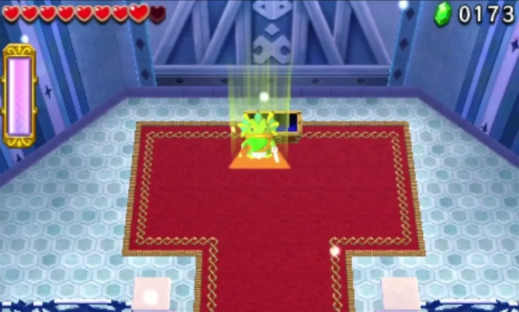 Green light rising above Link beside a chest in the Frozen Plateau end room