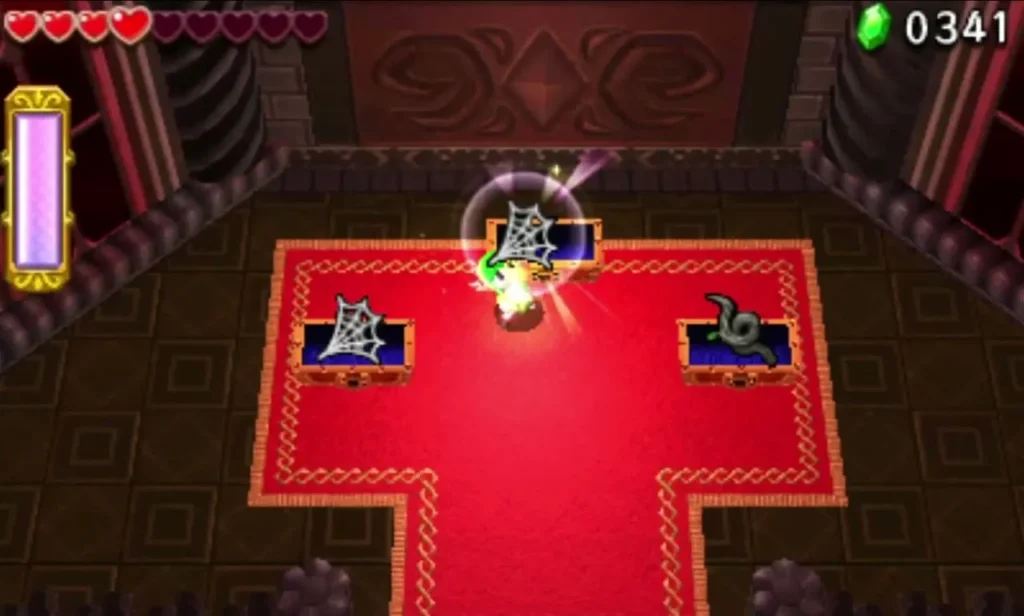 Two chests flank the red carpet in the Grim Temple end room while Link stands at the center