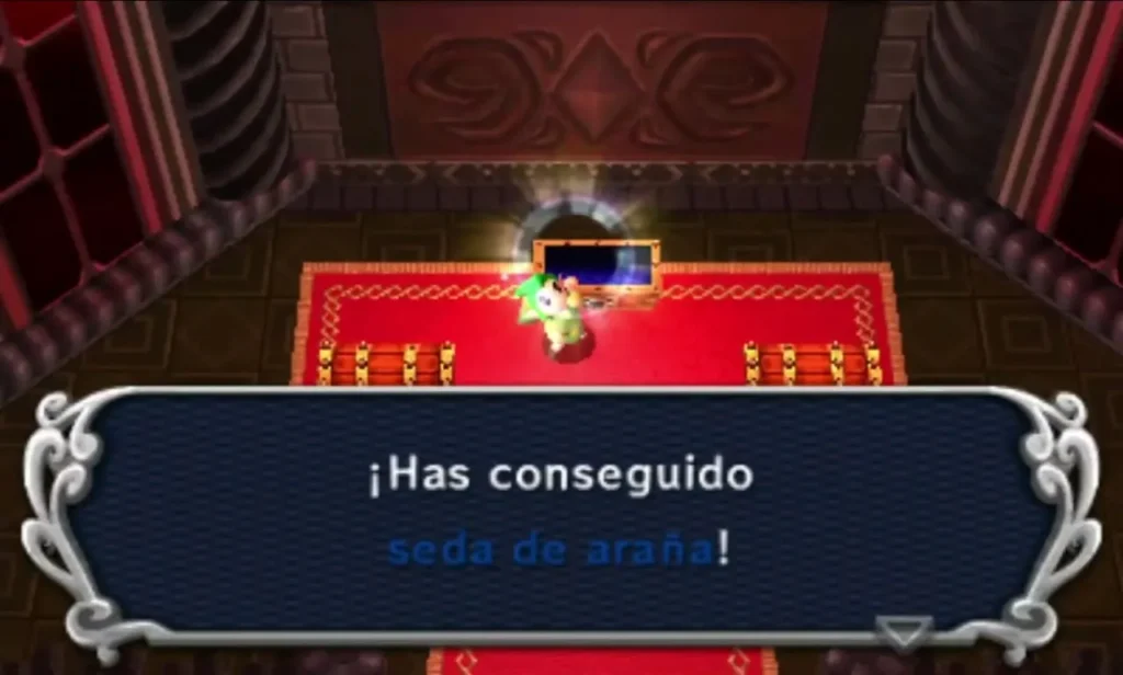 Link holds up a Spider Silk Lace item box above the red carpet in the Grim Temple end room