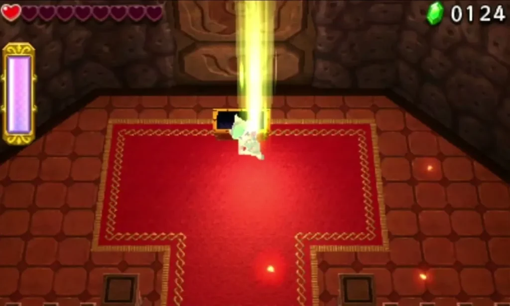 Yellow light beam rising where Link collected an item in the Hinox Mine end room