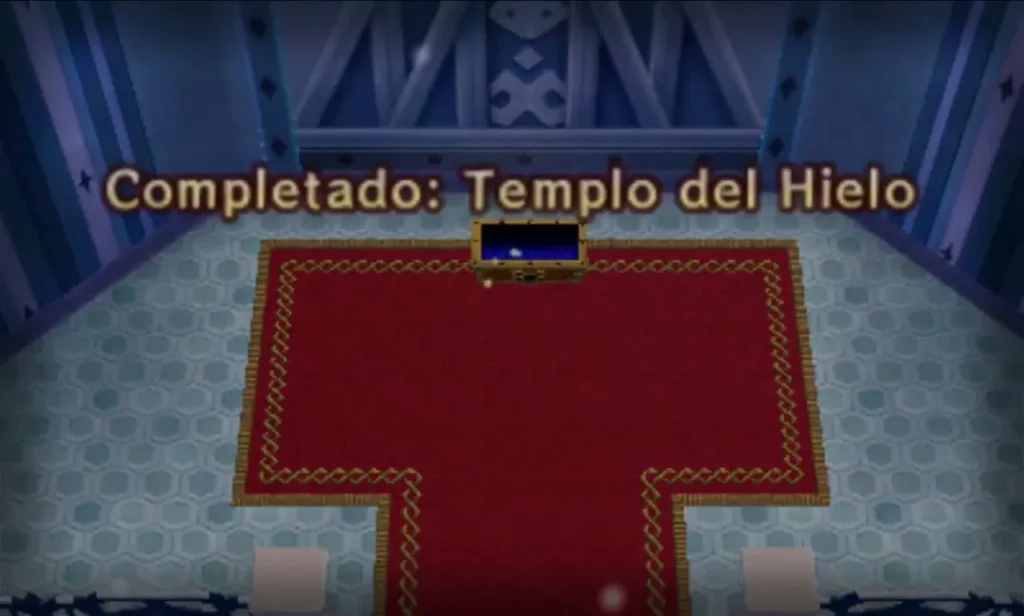 Completed Ice Temple banner over the red-carpeted end room after the level is cleared