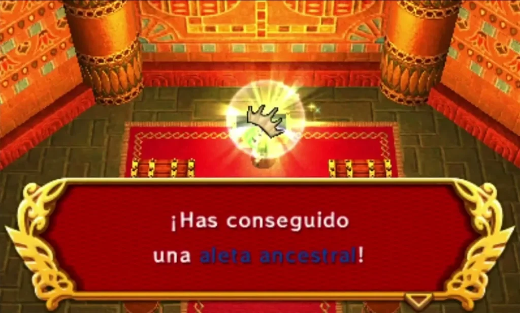 Link holds up an Ancient Fin item box in the Infinity Dunes end room