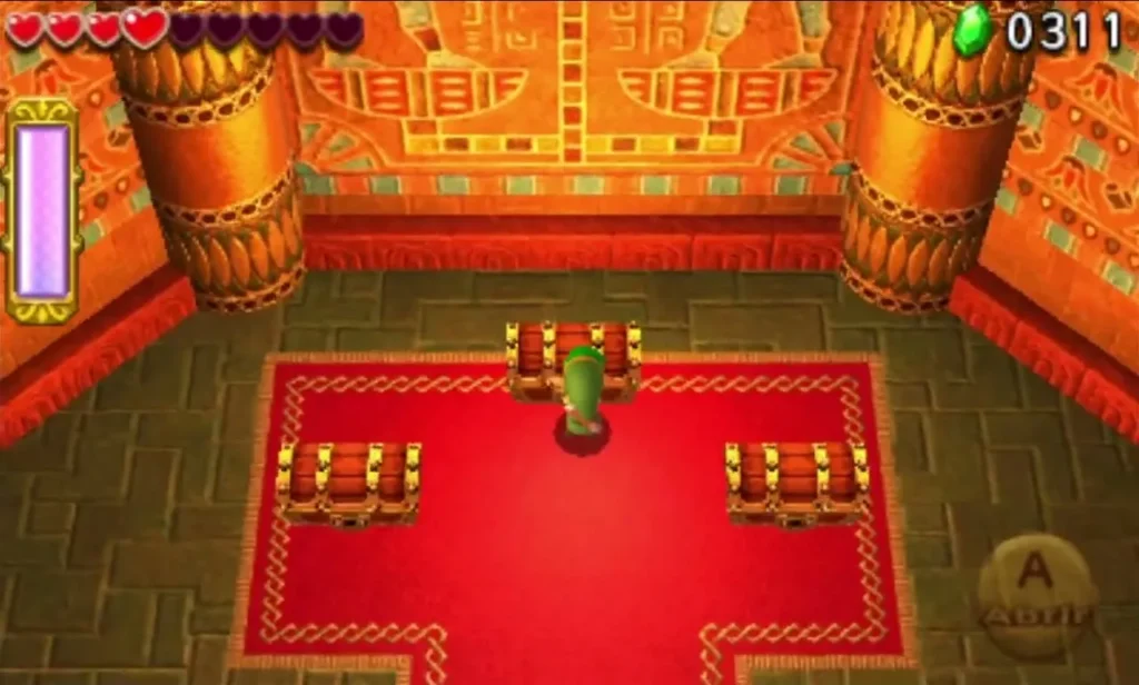Link walks toward two closed chests on the red carpet of the Infinity Dunes end room