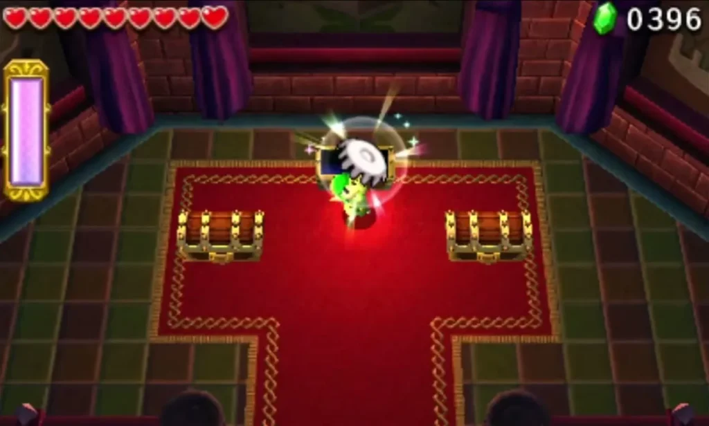 Two chests flank the red carpet in the Lady's Lair end room with Link standing between them