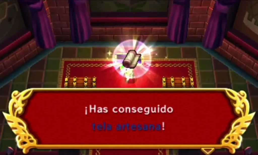 Link holds up a Fancy Fabric item box above the red carpet in the Lady's Lair end room