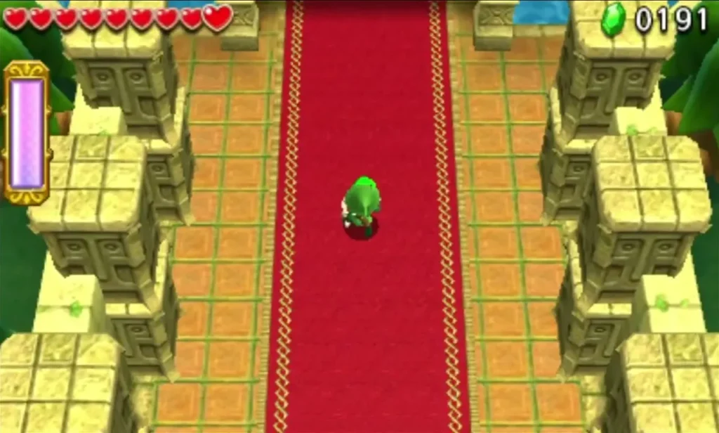 Link walking a red carpet between carved stone pillars in the Moblin Base