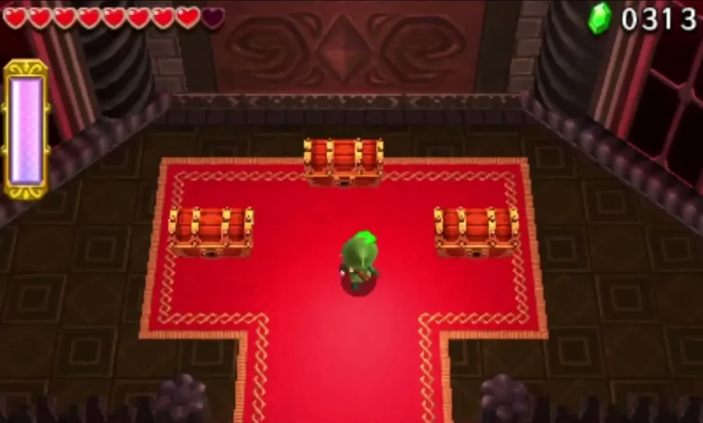 Two closed chests sit on the red carpet of the Palace Noir end room with Link in the middle
