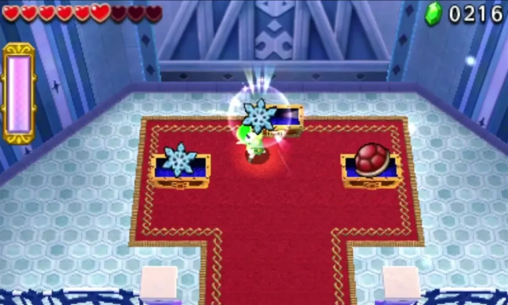 Silver Shrine end room with two chests and a red rare chest beside a glowing snowflake