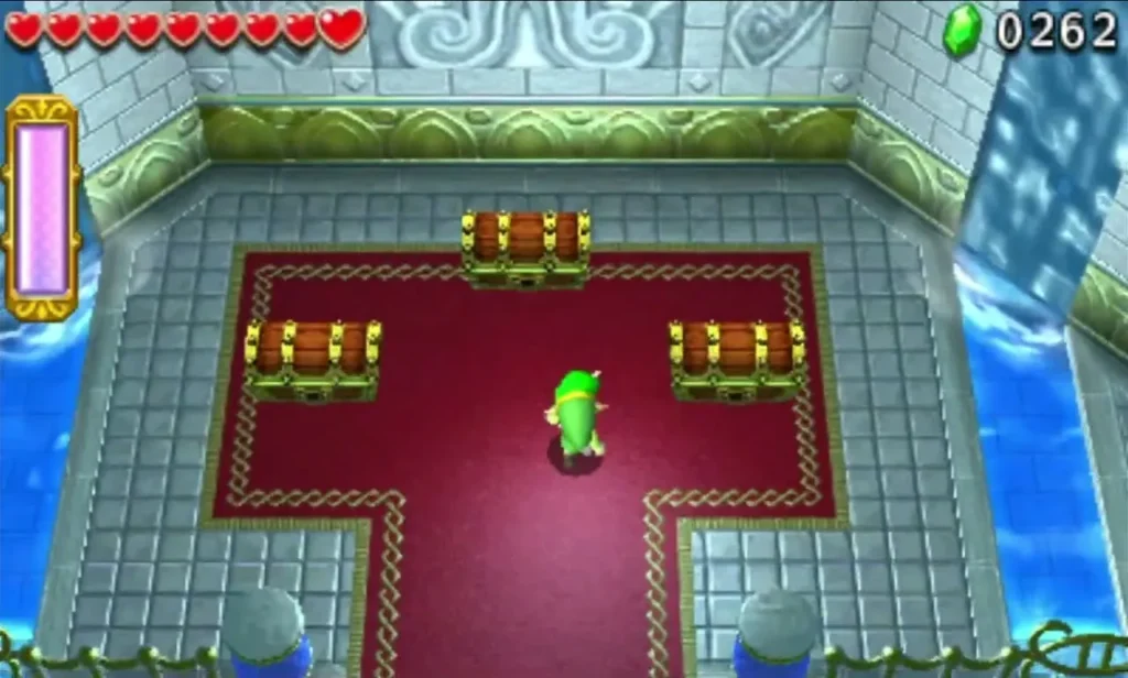 Link in the Water Temple end room with four chests on a red carpet