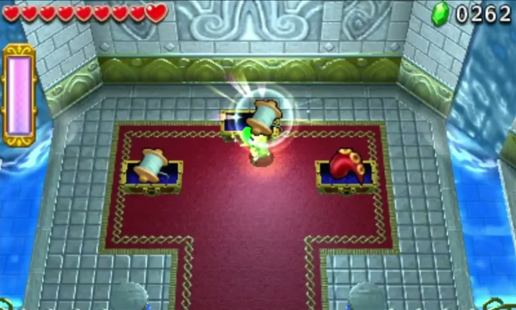 Water Temple end room with two chests and a rare chest on a red carpet, Link under a glow