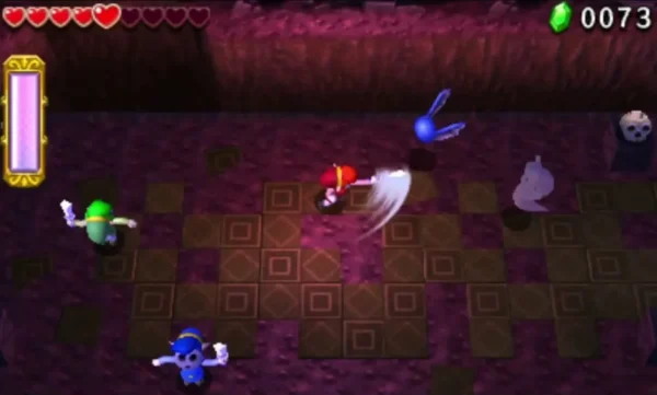 A blue Chasupa flaps its wings above the Grim Temple floor beside a Link swinging his sword