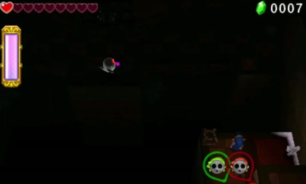 A black one-eyed Dark Ghini floats in the shadows of a dark Palace Noir hall above three Links