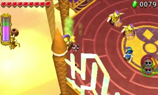 Several gold armored Sky Soldiers gathered on the ornate red-tiled island with Link