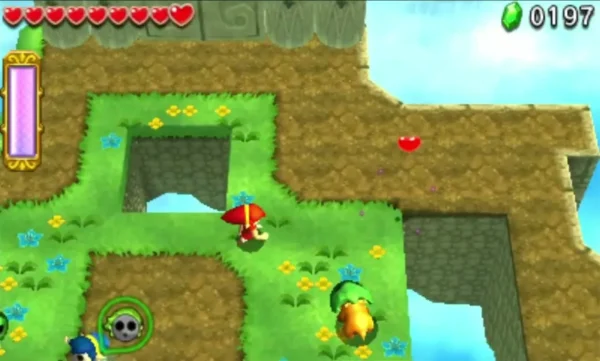 A Helmasaur with a green mask and orange body stands on the grass of the Floating Garden