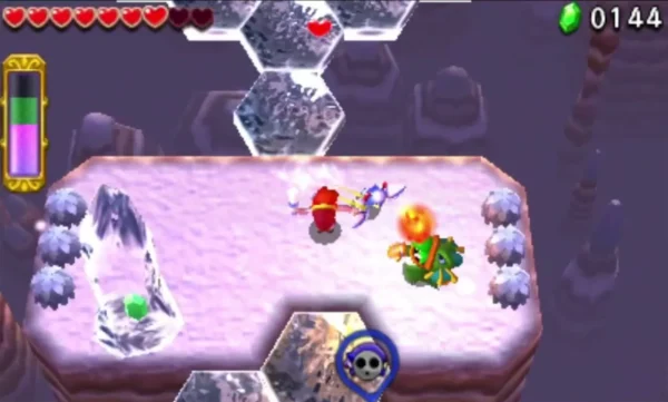 Link faces a winged purple Keeleon on a snowy ice platform of the Frozen Plateau, a flame beside him