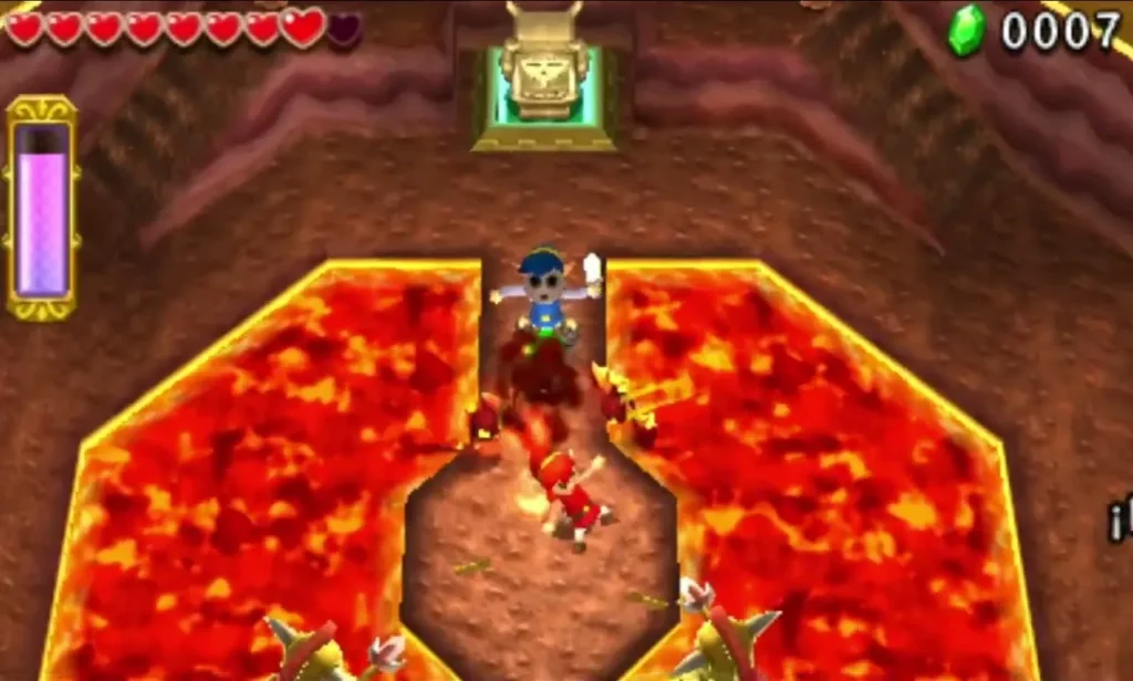 Two Kodongo enemies in the lava at the edges of a Sky Realm temple walkway with Link above