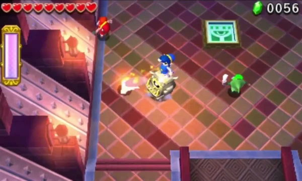 Link rides a gold Totem Armos statue across the tiled floor of the Training Ground