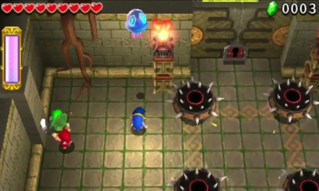 Two spiked Mini-Margos with open red-ringed holes sit on the tiled floor of a Forest Temple room