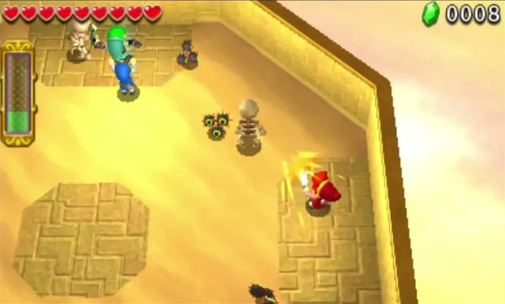 A segmented tan creature among spiky sand bugs on a Sky Realm sand island, Link nearby